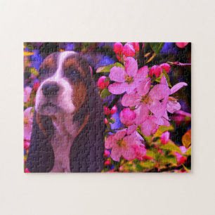 Basset Hound Puppy Blossoms Dog Art Jigsaw Puzzle