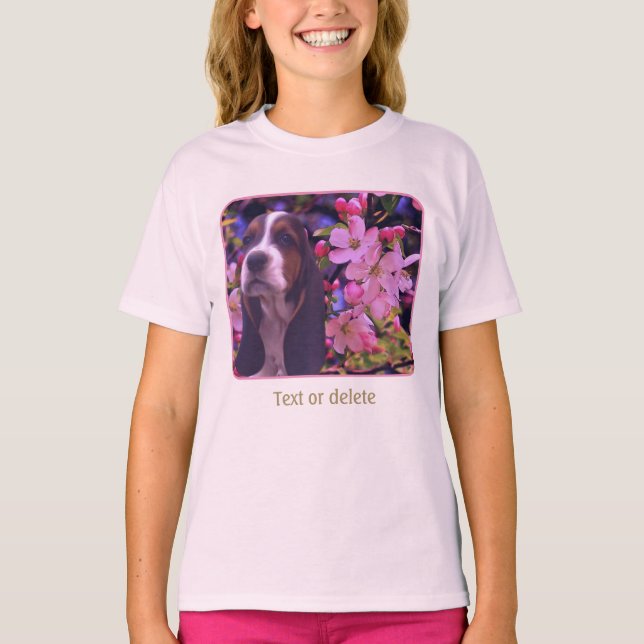 Basset Hound Puppy Blossoms Dog Art  T-Shirt (Front)