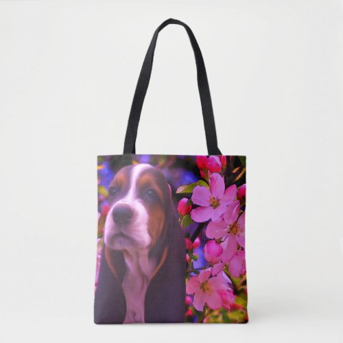 Basset Hound Puppy Blossoms Dog Art  Tote Bag