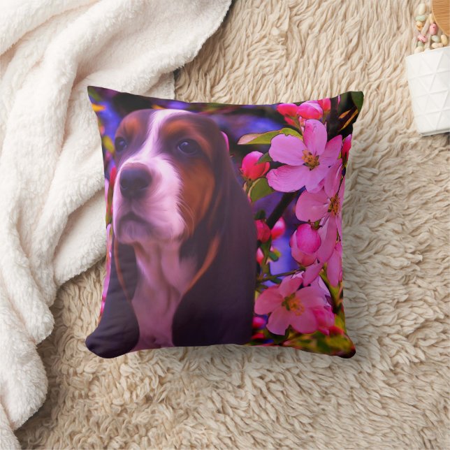 Basset Hound Puppy Dog Art Throw Pillow (Blanket)