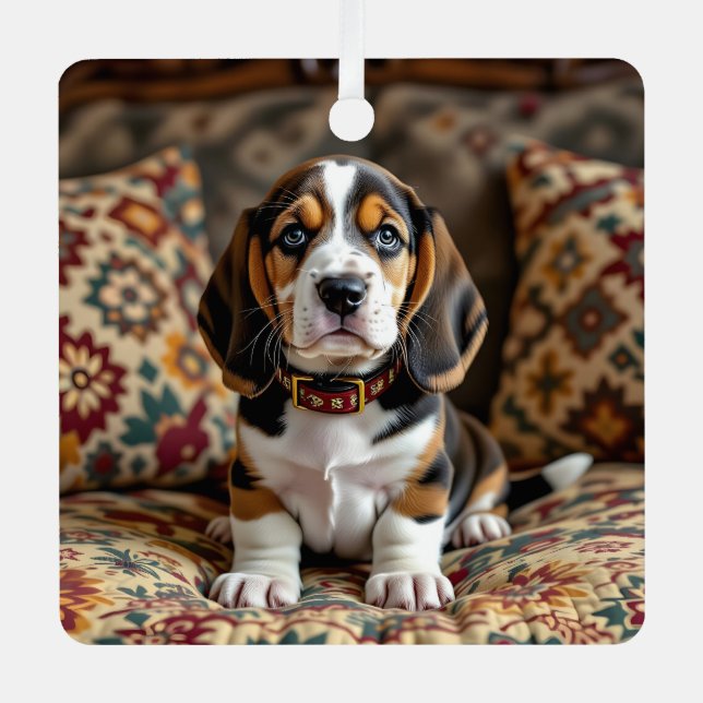 Basset Hound Puppy Dog Personalized Christmas Metal Ornament (Front)