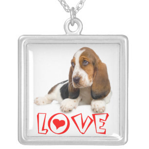 Basset Hound Puppy Dog Red Love Heart Silver Plated Necklace