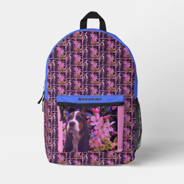 Basset Hound Puppy Flowers Personalized Printed Backpack (Front)
