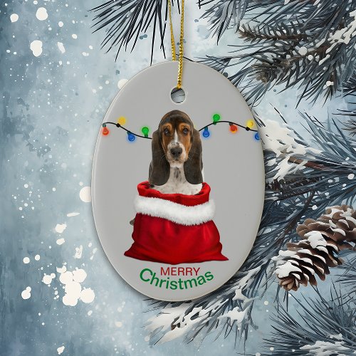 Basset Hound Puppy in Gift Bag Christmas Ceramic Ornament