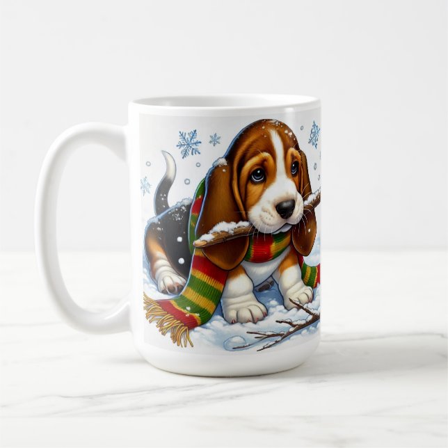 Basset Hound Puppy in Snow With Scarf and Branch Coffee Mug (Left)