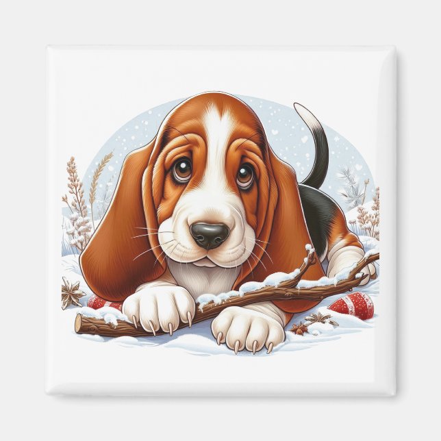 Basset Hound Puppy in Snowy Winter Scene  Magnet (Front)