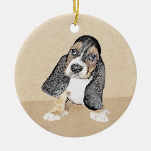 Basset Hound Puppy Painting - Original Dog Art Ceramic Ornament (Front)