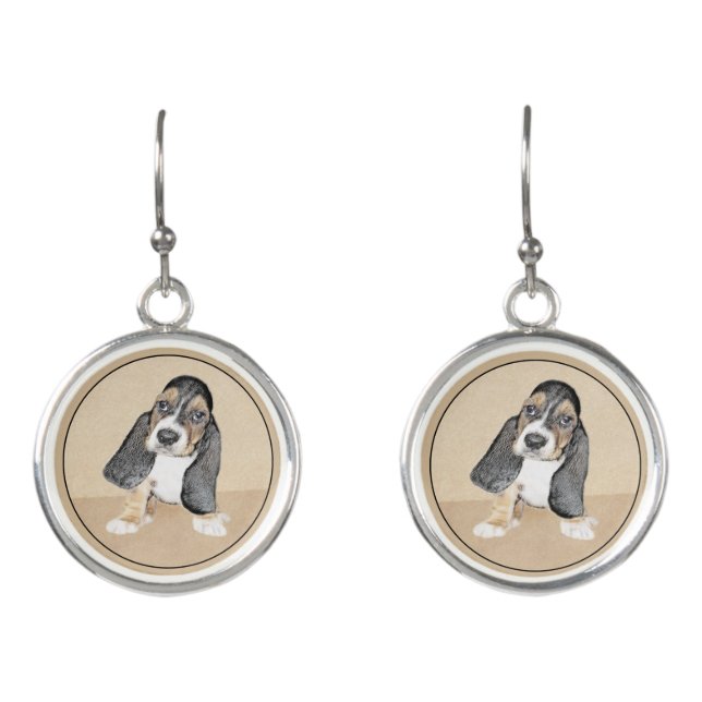 Basset Hound Puppy Painting - Original Dog Art Earrings (Front)