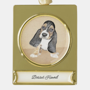 Basset Hound Puppy Painting - Original Dog Art Gold Plated Banner Ornament