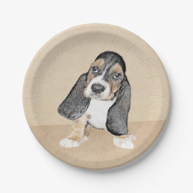 Basset Hound Puppy Painting - Original Dog Art Paper Plates (Front)