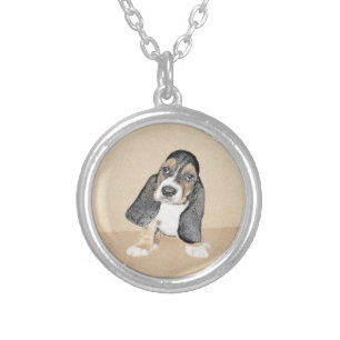 Basset Hound Puppy Painting - Original Dog Art Silver Plated Necklace