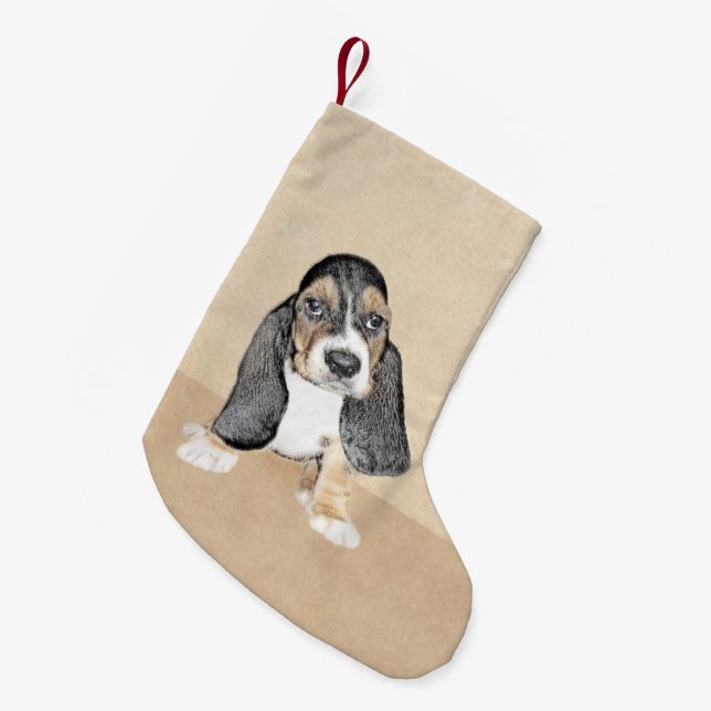 Basset Hound Puppy Painting - Original Dog Art Small Christmas Stocking (Front (Hanging))
