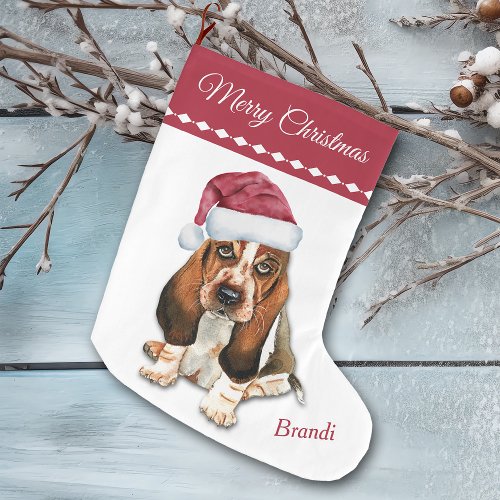 Basset Hound Puppy Snowflake Pattern Large Christmas Stocking