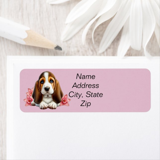 Basset Hound Puppy With Flowers Label (Insitu)