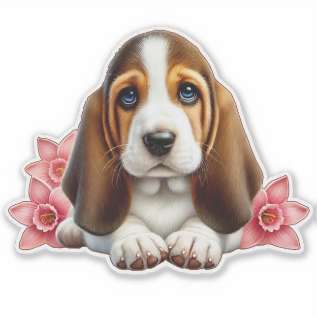 Basset Hound Puppy With Flowers Sticker (Front)