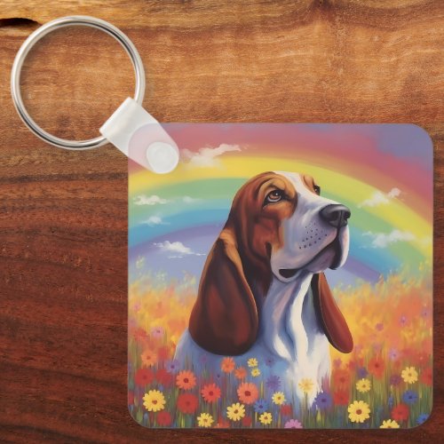 Basset Hound Rainbow Memorial Custom Dog Name Keychain