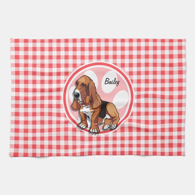 Basset Hound; Red and White Gingham Kitchen Towel (Horizontal)