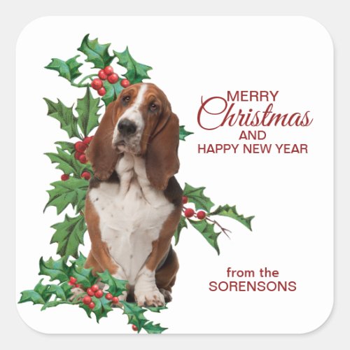 Basset Hound Red Berry Holly Christmas Square Sticker