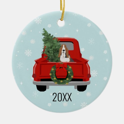 Basset Hound red truck christmas Ceramic Ornament