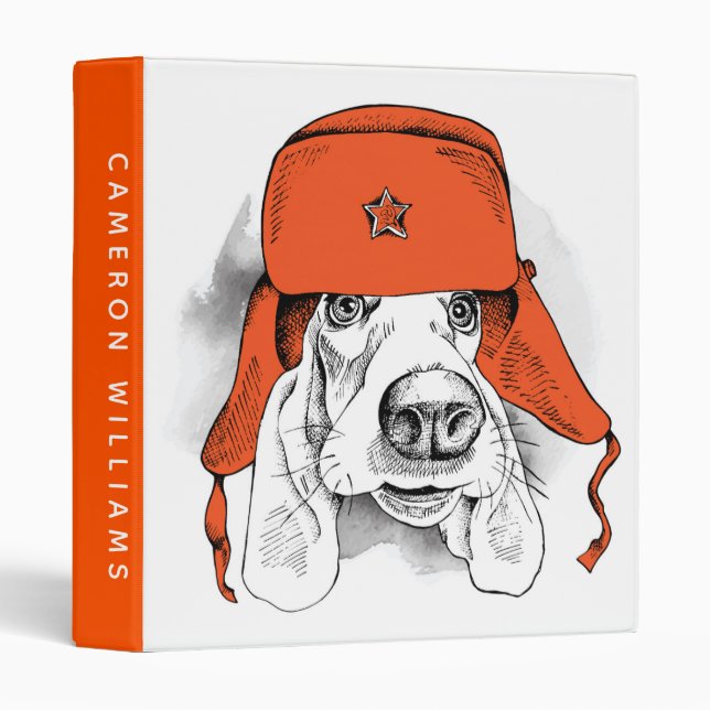 Basset Hound | Red Ushanka Hat | Add Your Name 3 Ring Binder (Front/Spine)