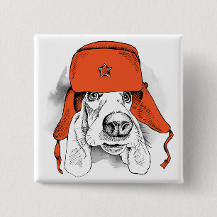 Basset Hound Red Ushanka Hat Button