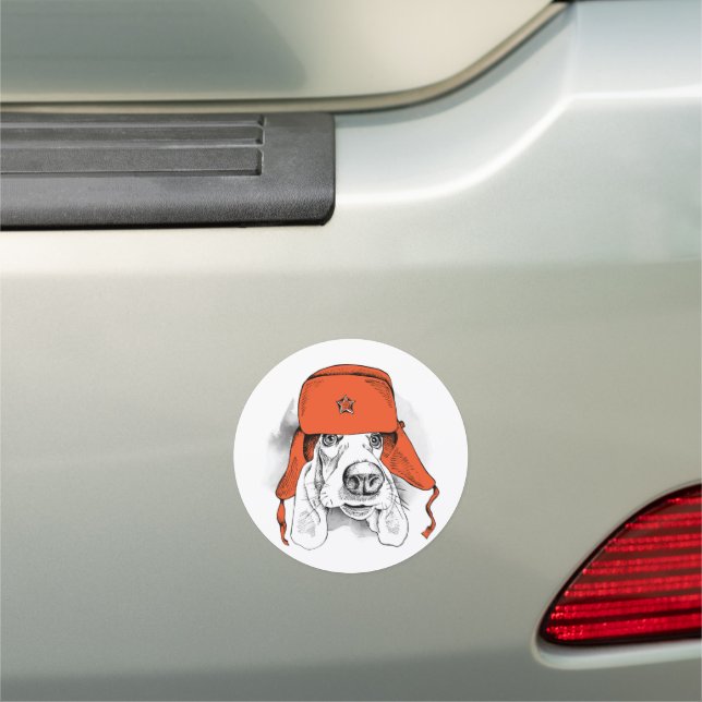 Basset Hound | Red Ushanka Hat Car Magnet (In Situ)