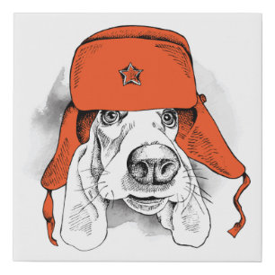 Basset Hound Red Ushanka Hat Faux Canvas Print