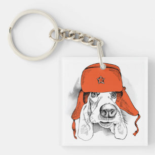 Basset Hound Red Ushanka Hat Keychain