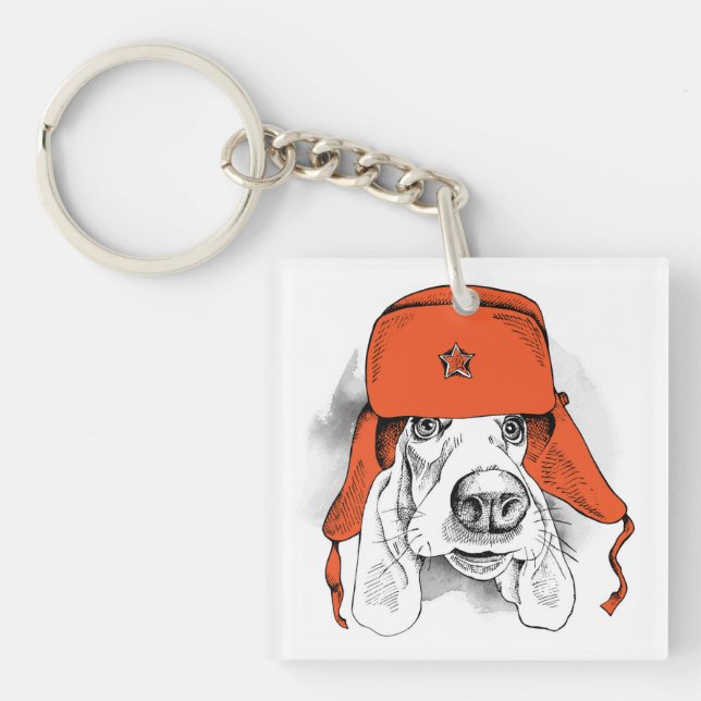 Basset Hound | Red Ushanka Hat Keychain (Front)