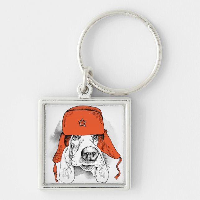Basset Hound | Red Ushanka Hat Keychain (Front)