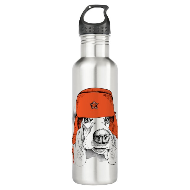 Basset Hound | Red Ushanka Hat Stainless Steel Water Bottle (Front)