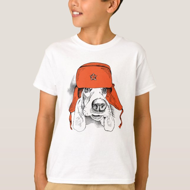 Basset Hound | Red Ushanka Hat T-Shirt (Front)