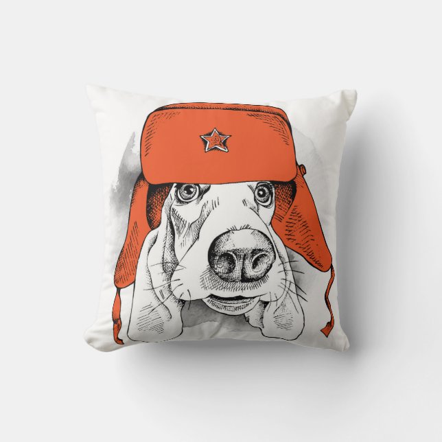 Basset Hound | Red Ushanka Hat Throw Pillow (Front)