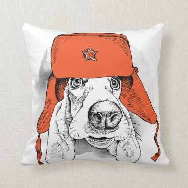 Basset Hound | Red Ushanka Hat Throw Pillow Basset Hound | Red Ushanka Hat Throw Pillow