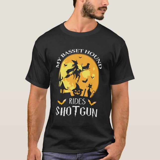 Basset Hound Rides Shotgun Dog T-Shirt (Front)