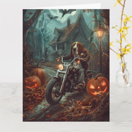 Basset Hound Riding Motorcycle Halloween Scary Card
