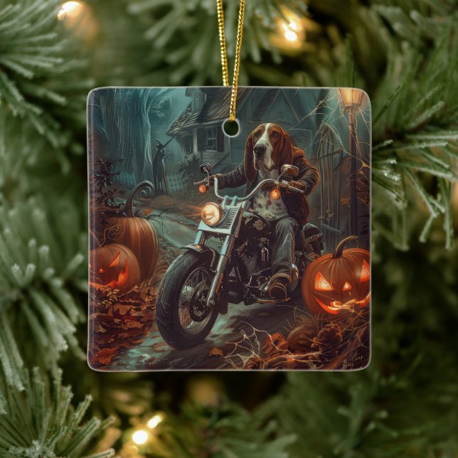 Basset Hound Riding Motorcycle Halloween Scary Ceramic Ornament (Tree)