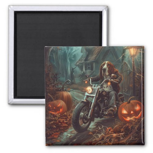 Basset Hound Riding Motorcycle Halloween Scary Magnet