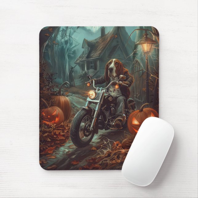Basset Hound Riding Motorcycle Halloween Scary Mouse Pad (With Mouse)
