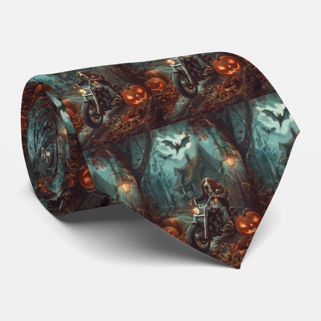 Basset Hound Riding Motorcycle Halloween Scary Neck Tie (Rolled)