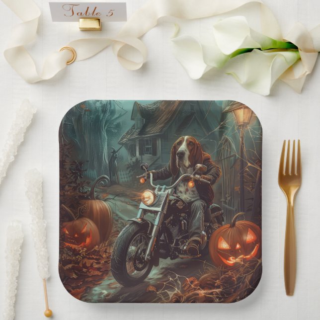 Basset Hound Riding Motorcycle Halloween Scary Paper Plates (Wedding)