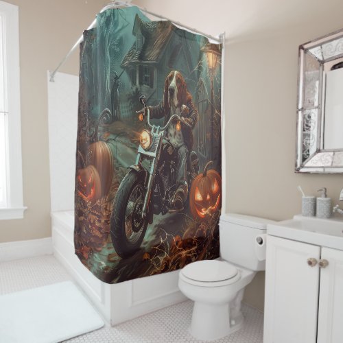 Basset Hound Riding Motorcycle Halloween Scary Shower Curtain