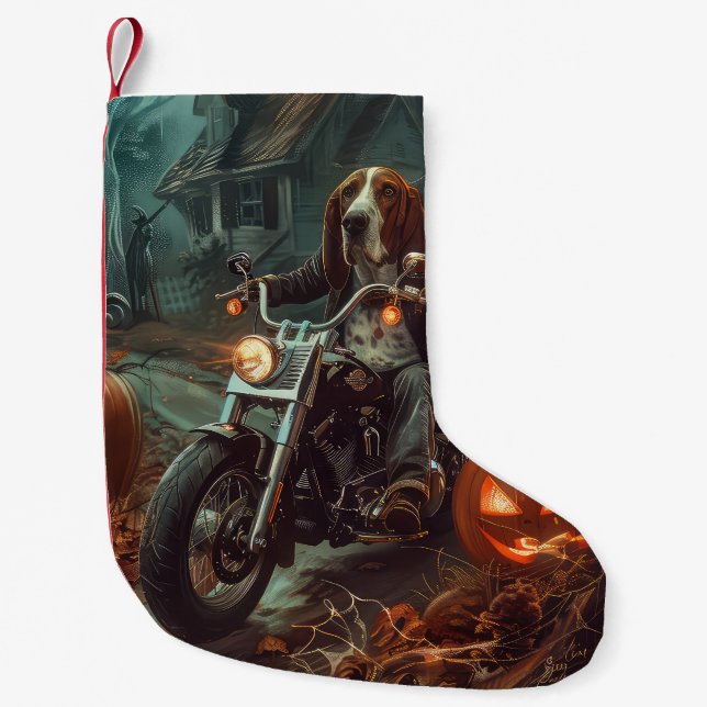 Basset Hound Riding Motorcycle Halloween Scary Small Christmas Stocking (Front)
