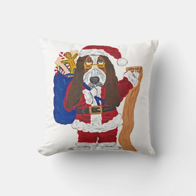 Basset Hound Santa Checking List Of Good Bassets Throw Pillow (Front)