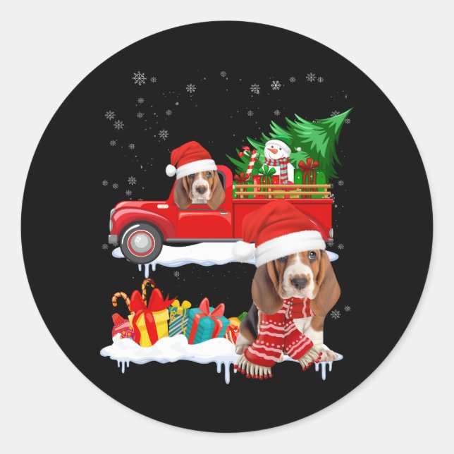Basset Hound Santa Dog Riding Red Truck Christmas  Classic Round Sticker (Front)