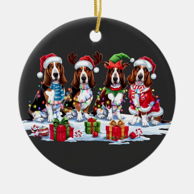 Basset hound Santa hat antlers elf Christmas light Ceramic Ornament (Front)