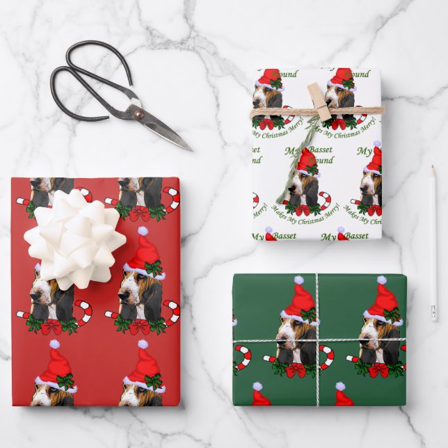 Basset Hound Santa Hat Christmas Wrapping Paper Sheets (Front)
