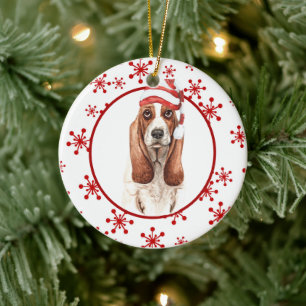 Basset Hound Santa Hat Red Snowflake Ceramic Ornament