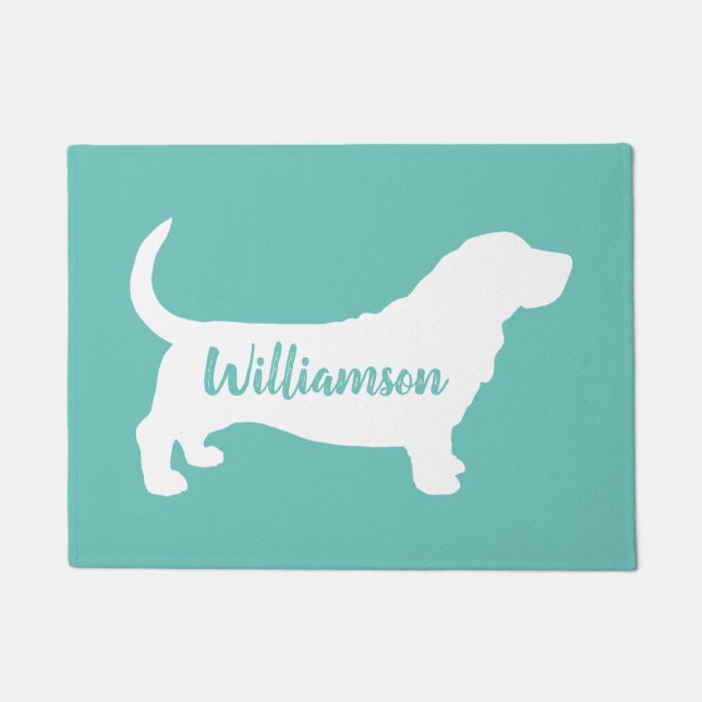 Basset Hound Silhouette Custom Teal and White Doormat (Front)