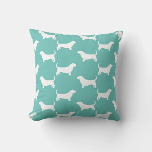 Basset Hound Silhouettes Pattern Teal and White Throw Pillow